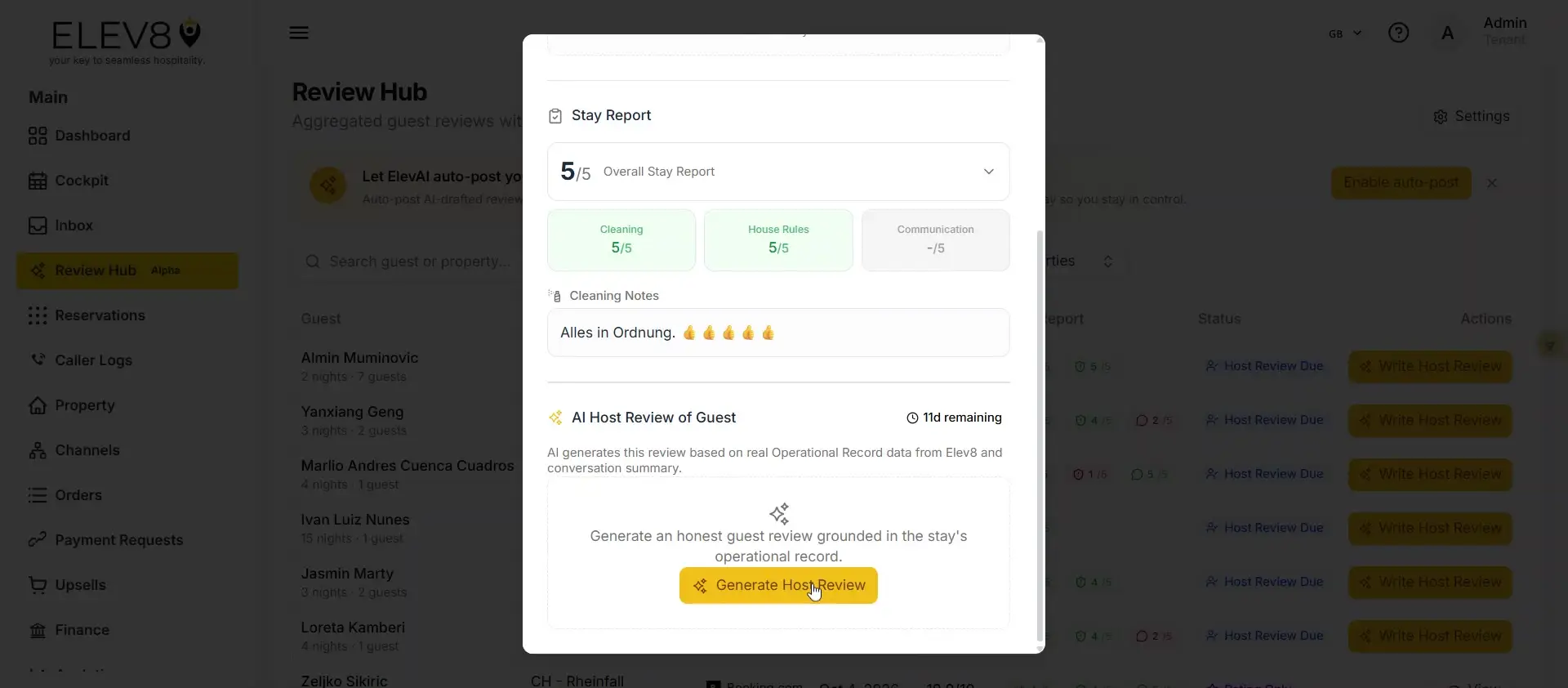The user is in the Review Hub, viewing a specific guest's stay report. The report includes an overall stay rating, cleaning and house rules scores, and cleaning notes. Below this, there's a section for an AI Host Review of the Guest, with a button to generate a review based on operational records.