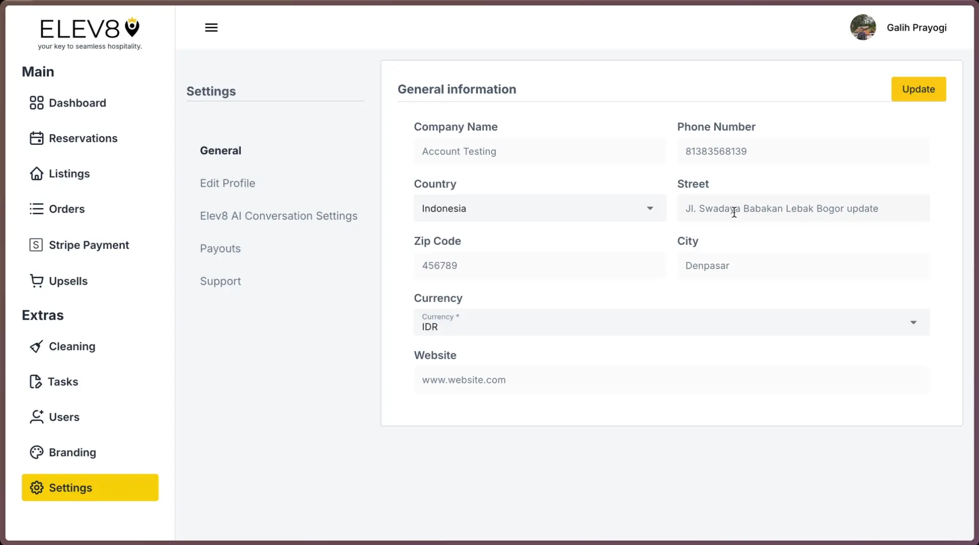 ELEV8 platform settings page showing general information fields and navigation menu.