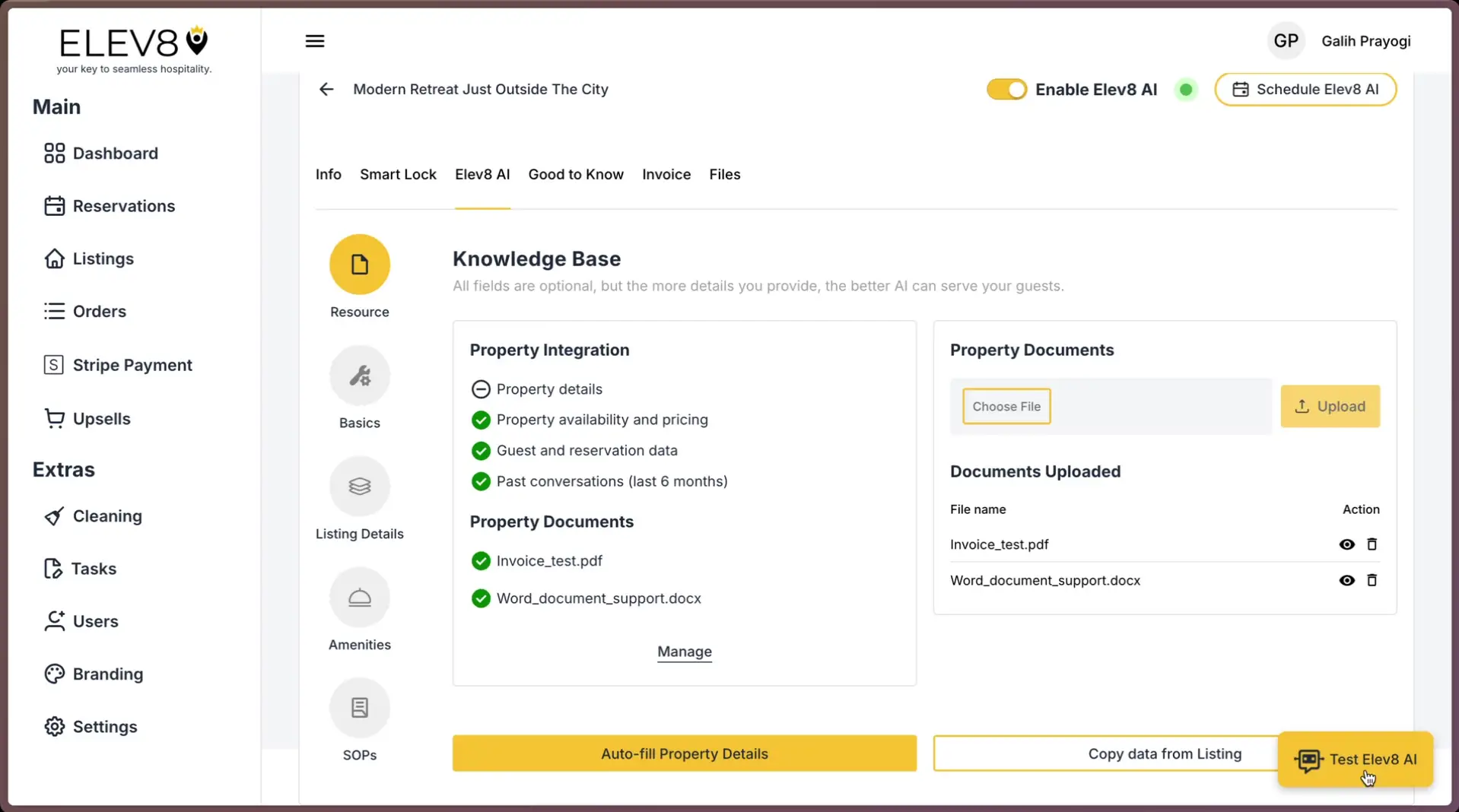 ELEV8 platform interface for managing property details with Elev8 AI feature active.