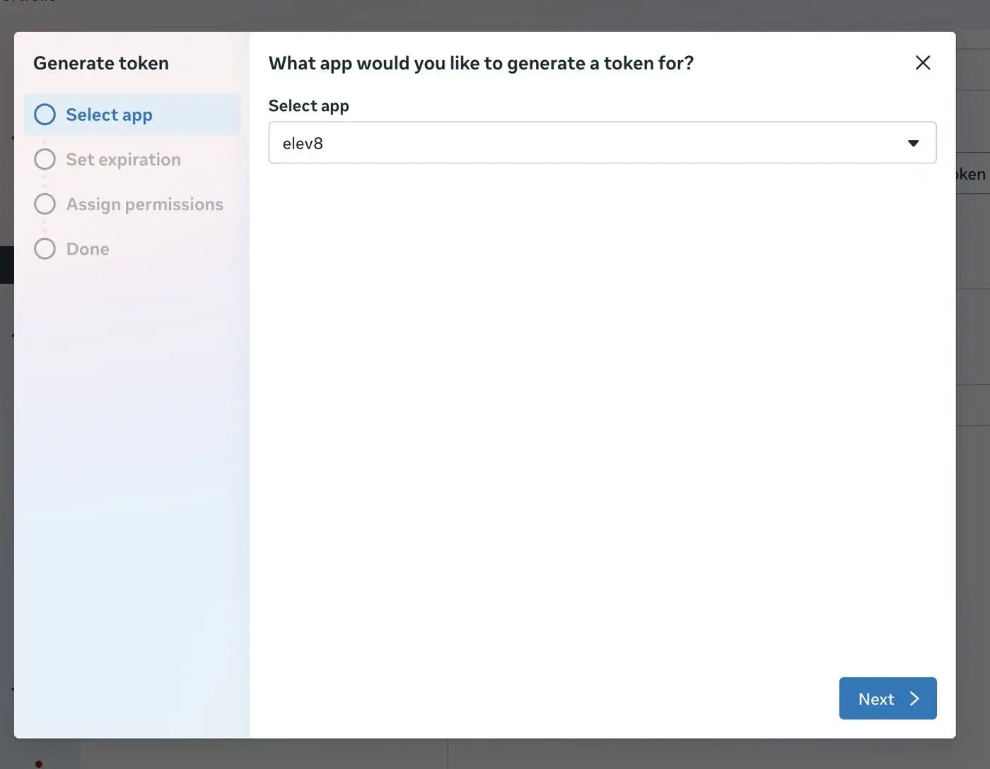The user is on the 'Generate token' screen and has selected 'Select app'. The user has chosen 'elev8' from the dropdown menu to generate a token for.