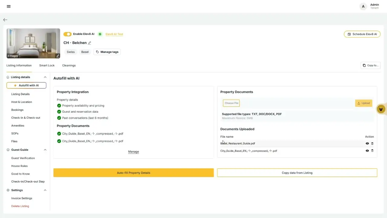 The user is on the "Autofill with AI" page for the CH - Belchen listing. They can see the status of property integration and uploaded documents. The user can also upload new documents or autofill property details.