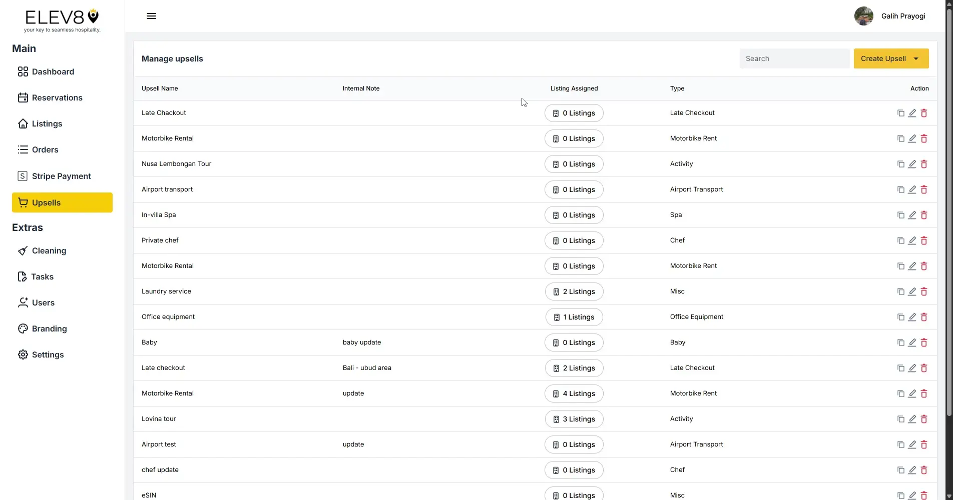 ELEV8 Manage Upsells page showing a list of upsell options with columns for internal notes, listings assigned, and type, along with action buttons for each upsell.