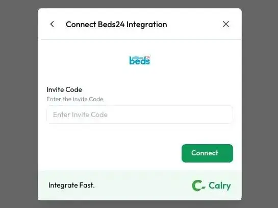 Connect Beds24 Integration dialog box for entering invite code and connecting.