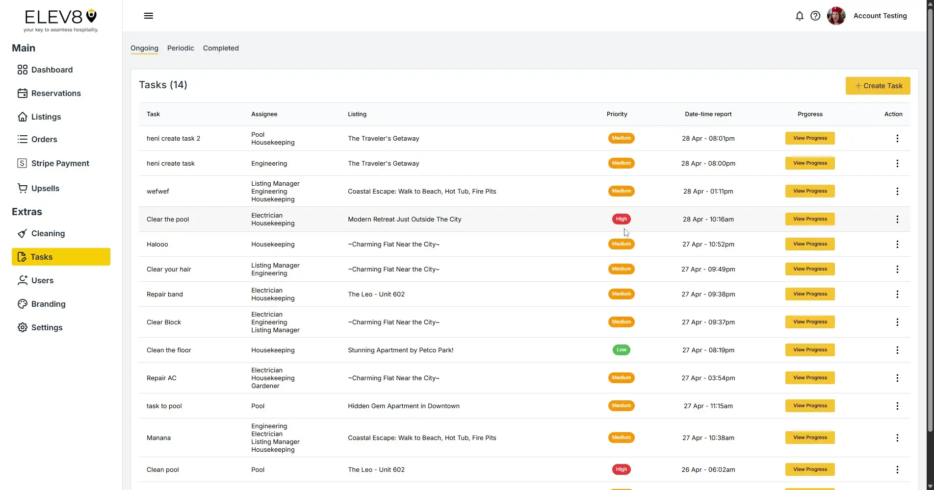 ELEV8 platform Tasks section showing a list of tasks with details like assignee, listing, priority, and progress.