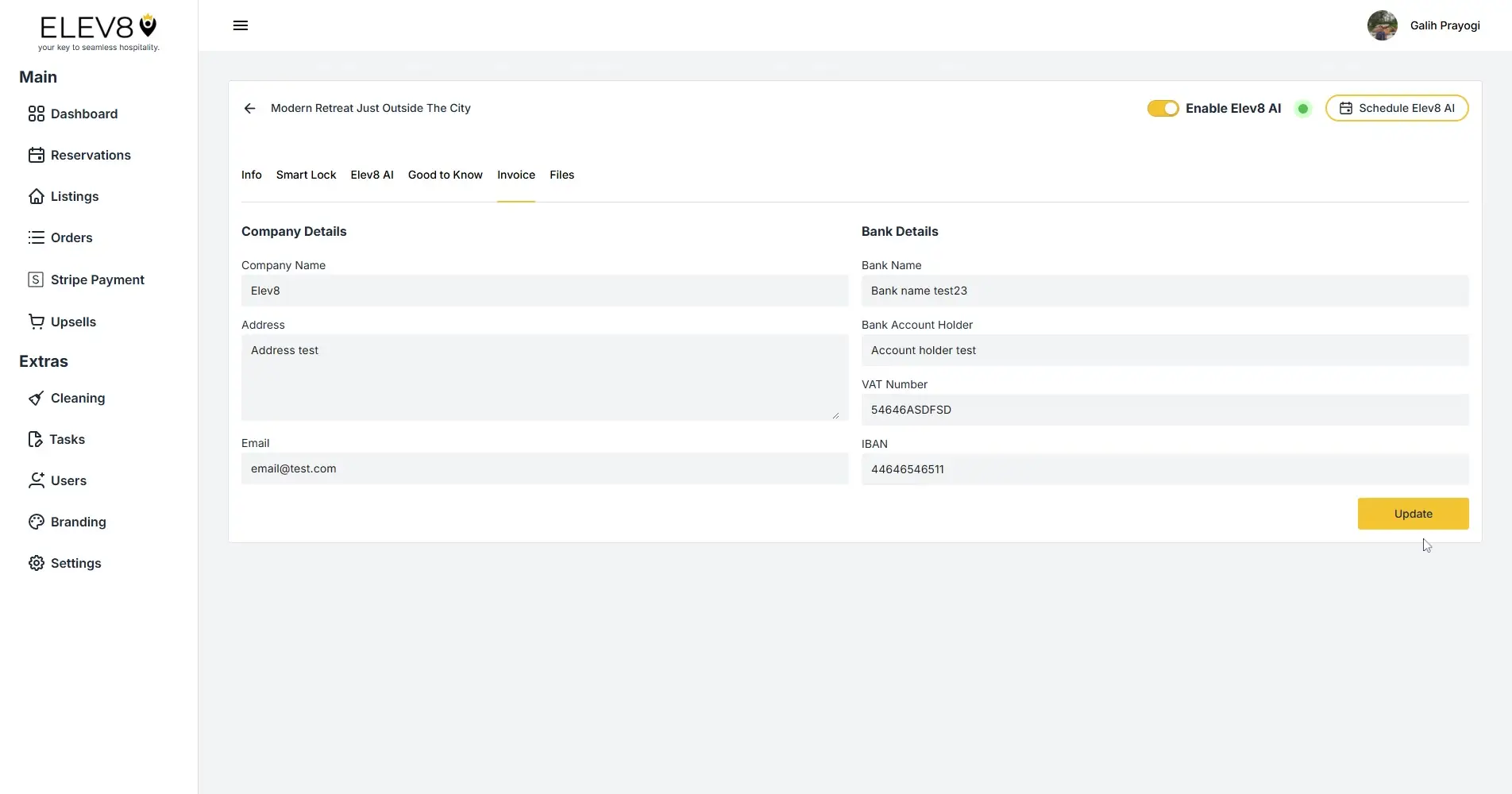 ELEV8 platform Invoice tab for a listing titled 'Modern Retreat Just Outside The City', showing company and bank details with an update button.