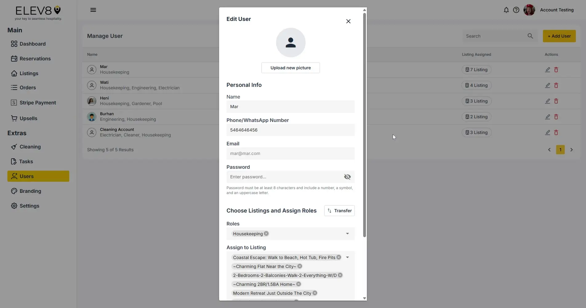 ELEV8 platform user management screen with Edit User pop-up open.