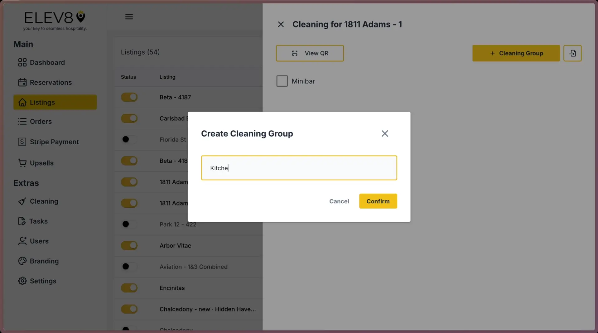 ELEV8 application interface showing the creation of a cleaning group for a listing.