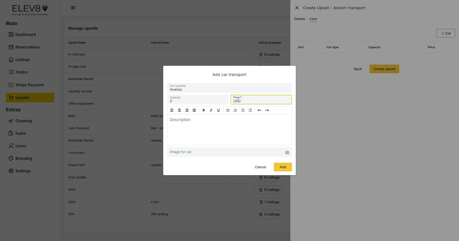 ELEV8 platform, Create Upsell - Airport transport, Add car transport dialog