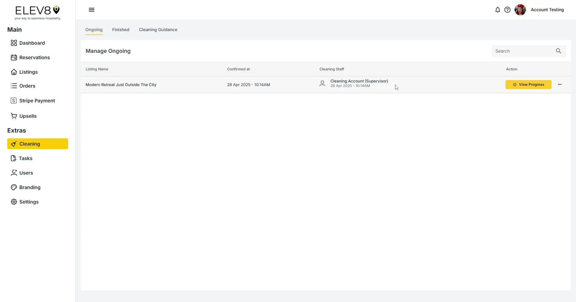 ELEV8 Cleaning section showing ongoing tasks with a listing named 'Modern Retreat Just Outside The City'.