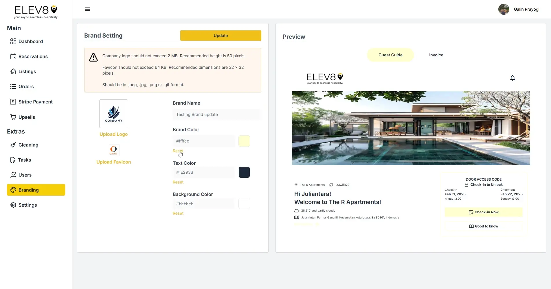 ELEV8 Branding settings and preview screen