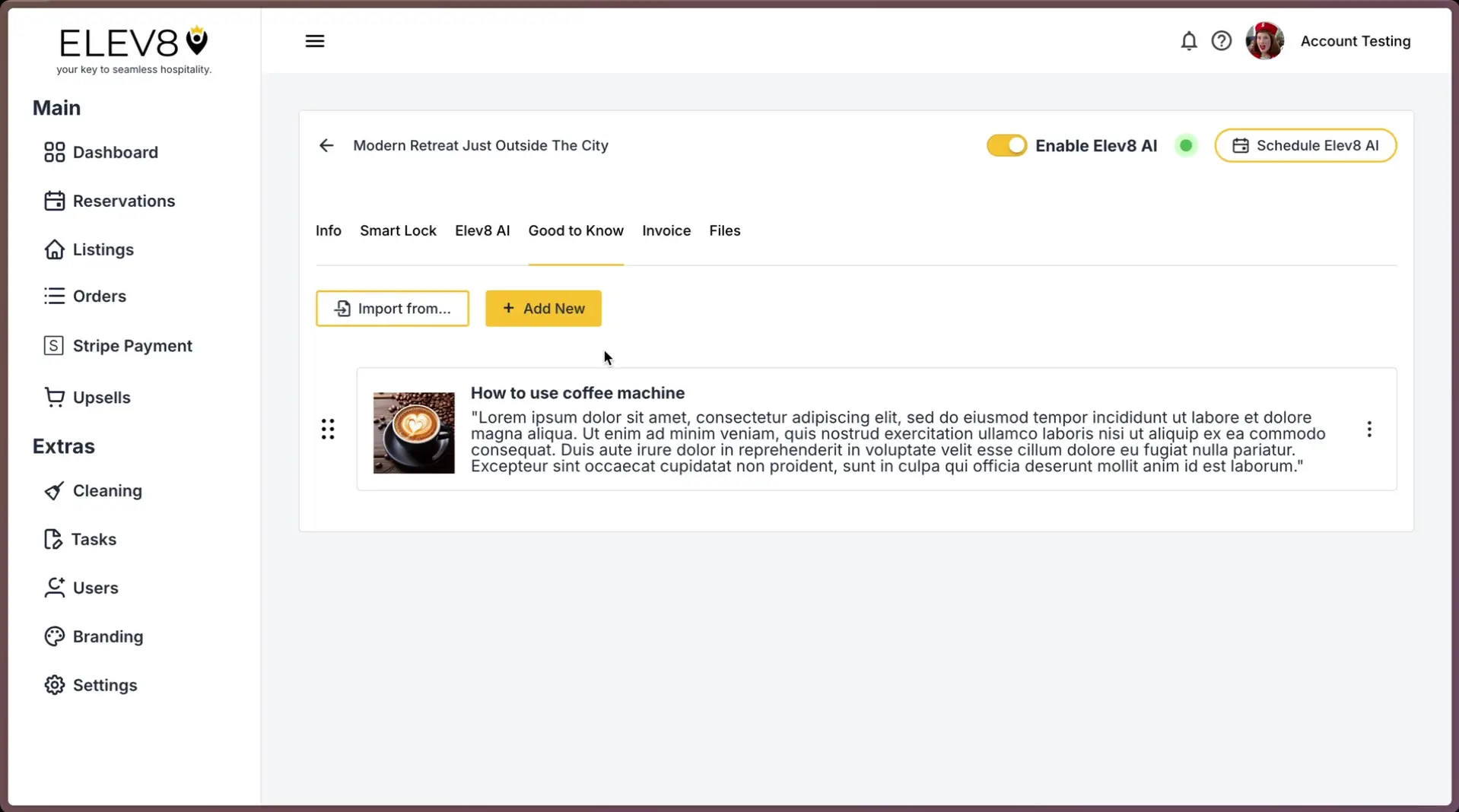 ELEV8 platform Listings section with Elev8 AI article generation interface.