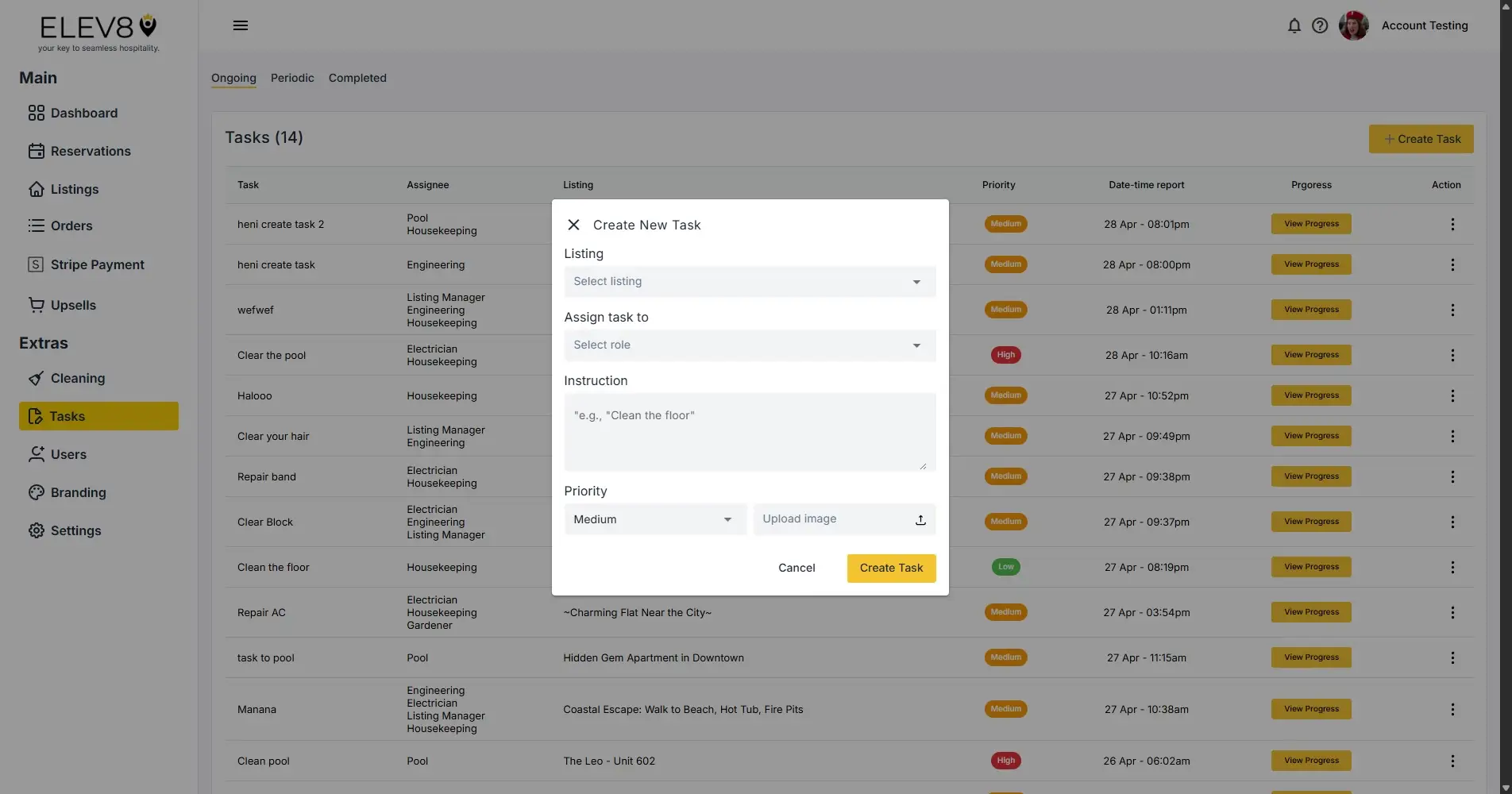 ELEV8 platform Tasks section with Create New Task modal open