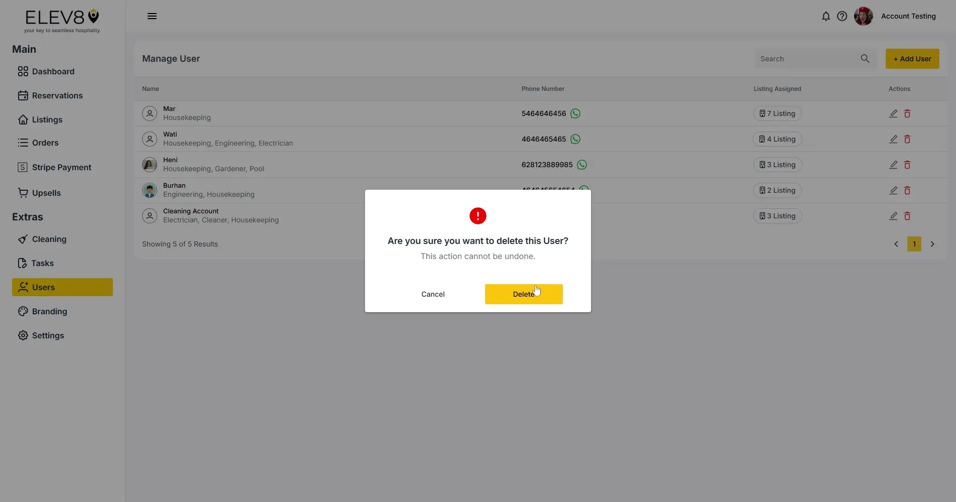 ELEV8 platform Manage User section with delete confirmation dialog.