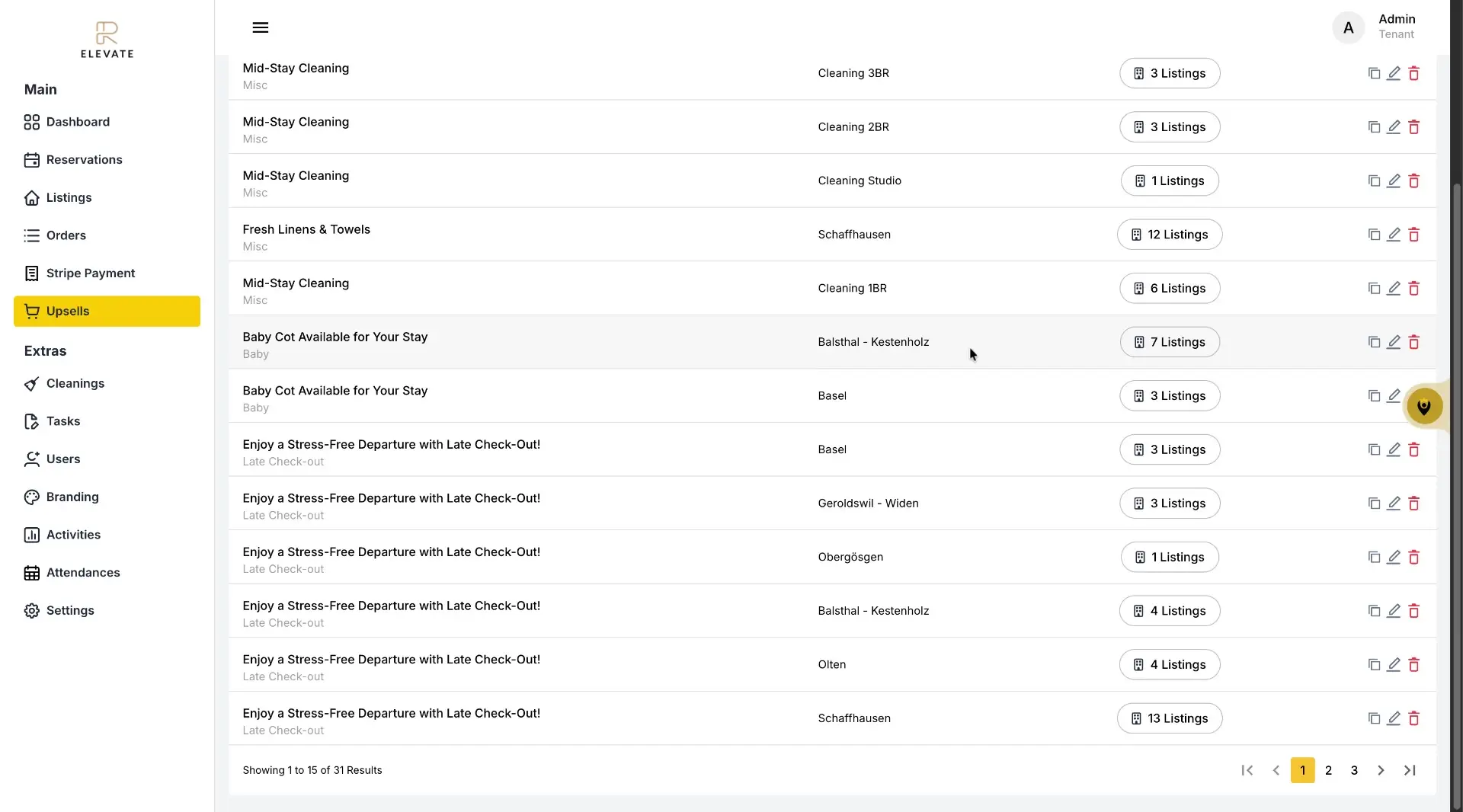 The screenshot displays the Upsells section of the ELEV8 platform, showcasing various options like mid-stay cleaning, baby cots, and late check-out services, each associated with a specific number of listings.