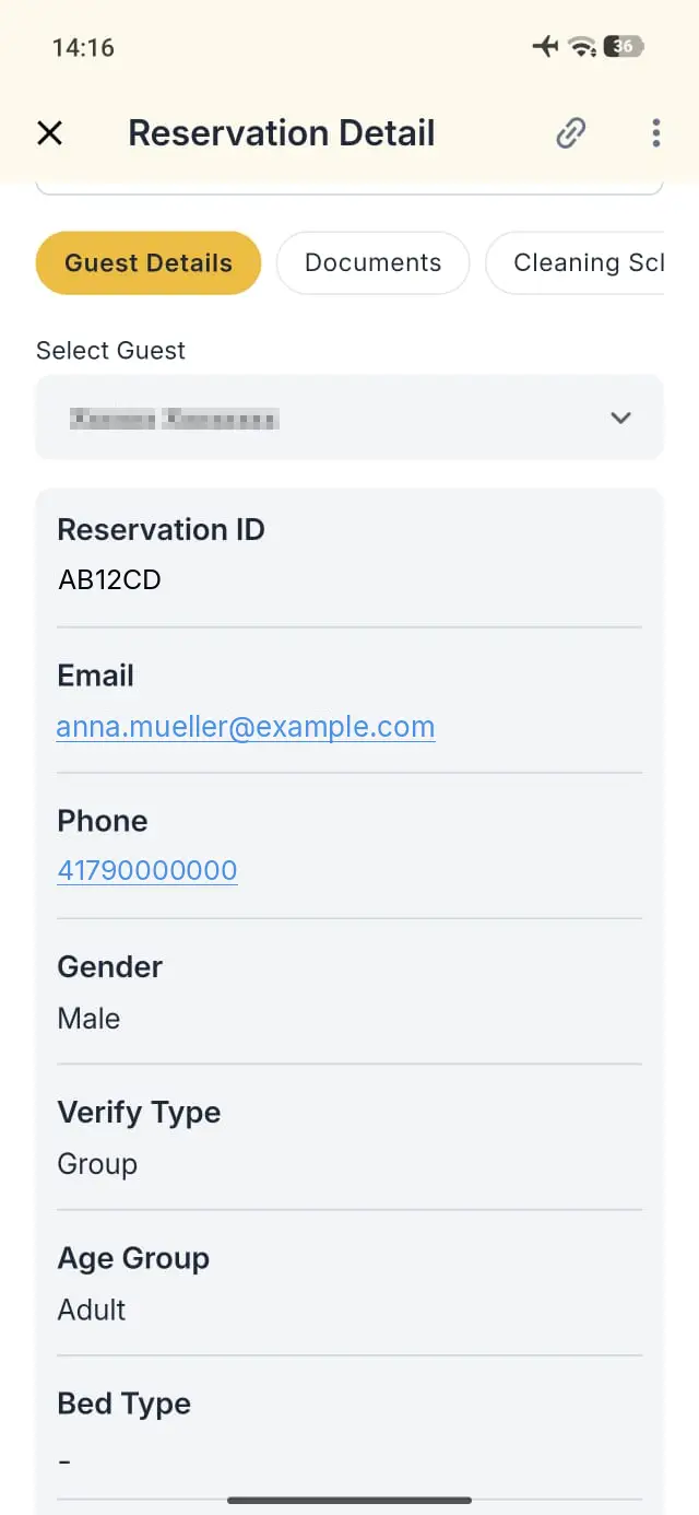 Elev8 Go app Reservation Detail screen showing guest details.