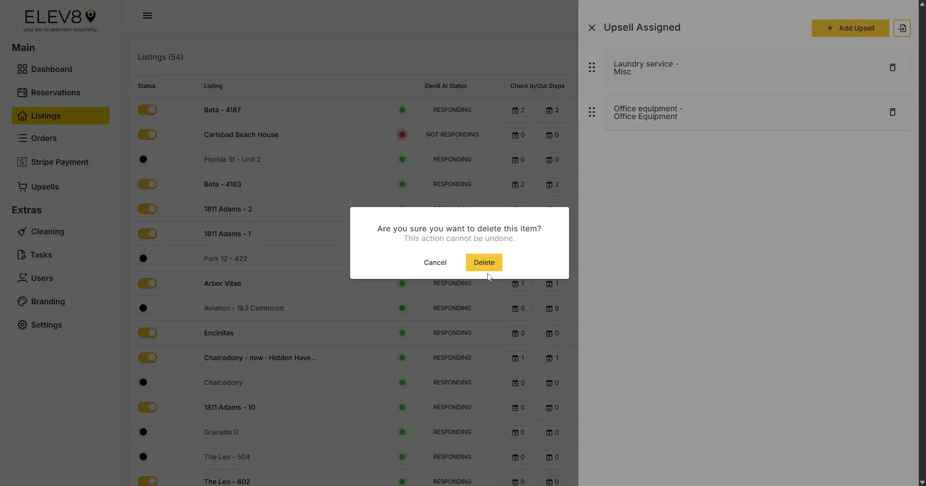 ELEV8 Listings section with delete confirmation dialog and Upsell Assigned panel.