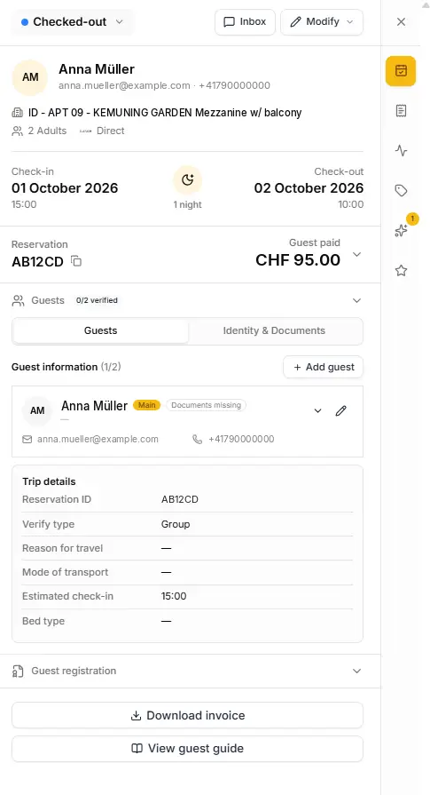 ELEV8 Reservation Details for Anna Müller, Checked-out status