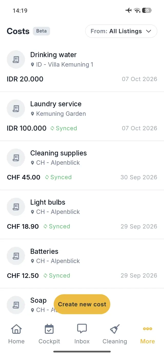 Elev8 Go app Costs section showing a list of expenses with a filter option and a 'Create new cost' button.