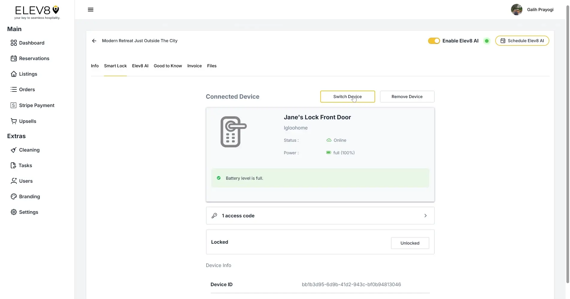 ELEV8 Smart Lock settings page for Modern Retreat Just Outside The City