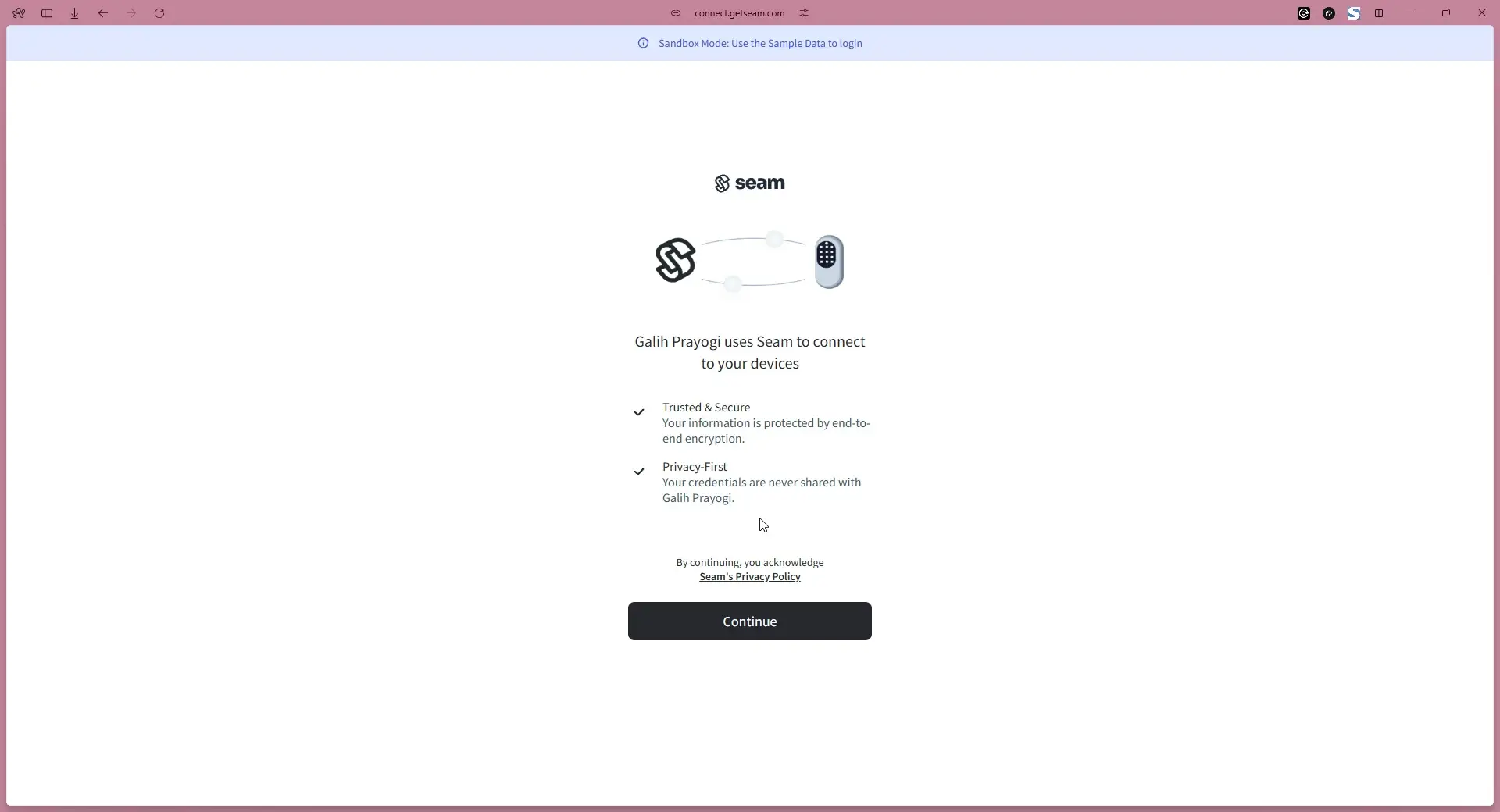 Seam connection interface for Galih Prayogi with security and privacy features.
