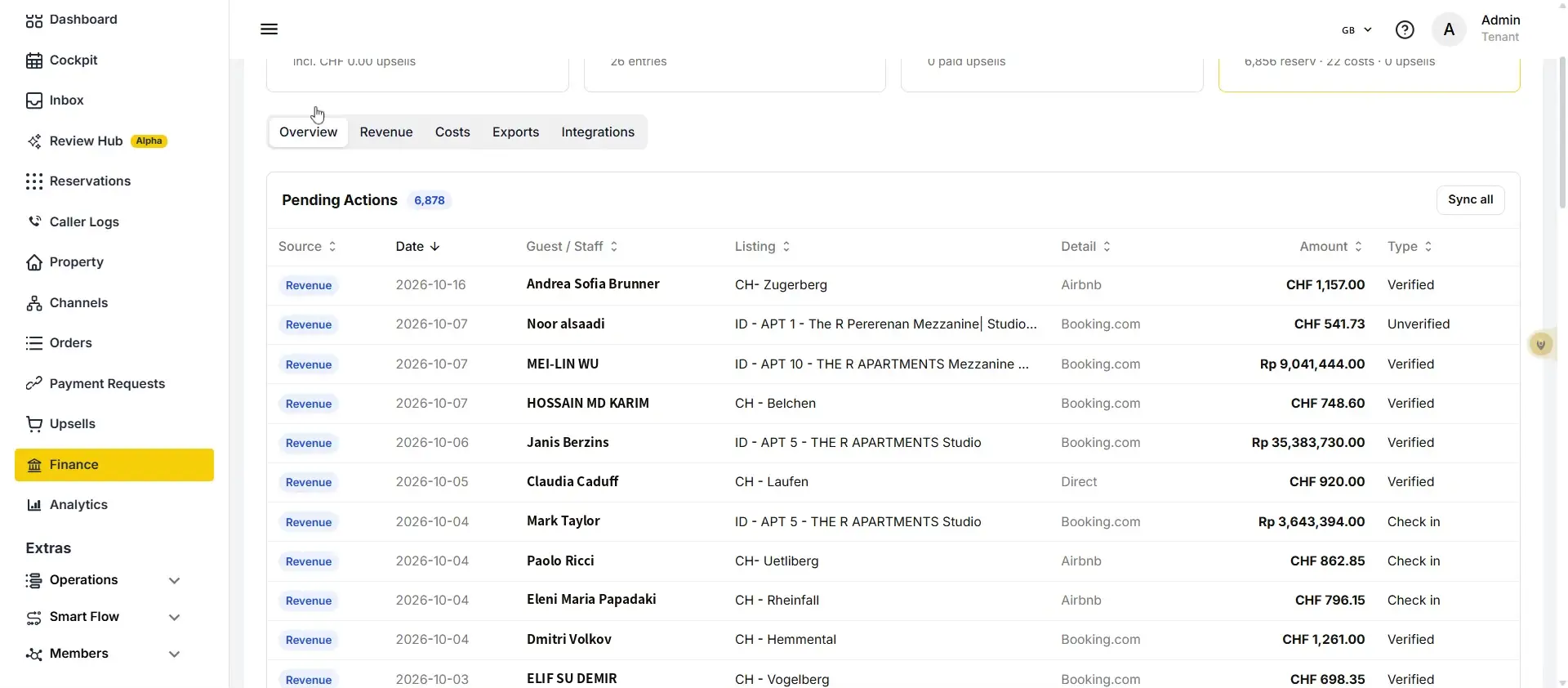 ELEV8 Finance Overview tab showing pending actions with a table of financial transactions.