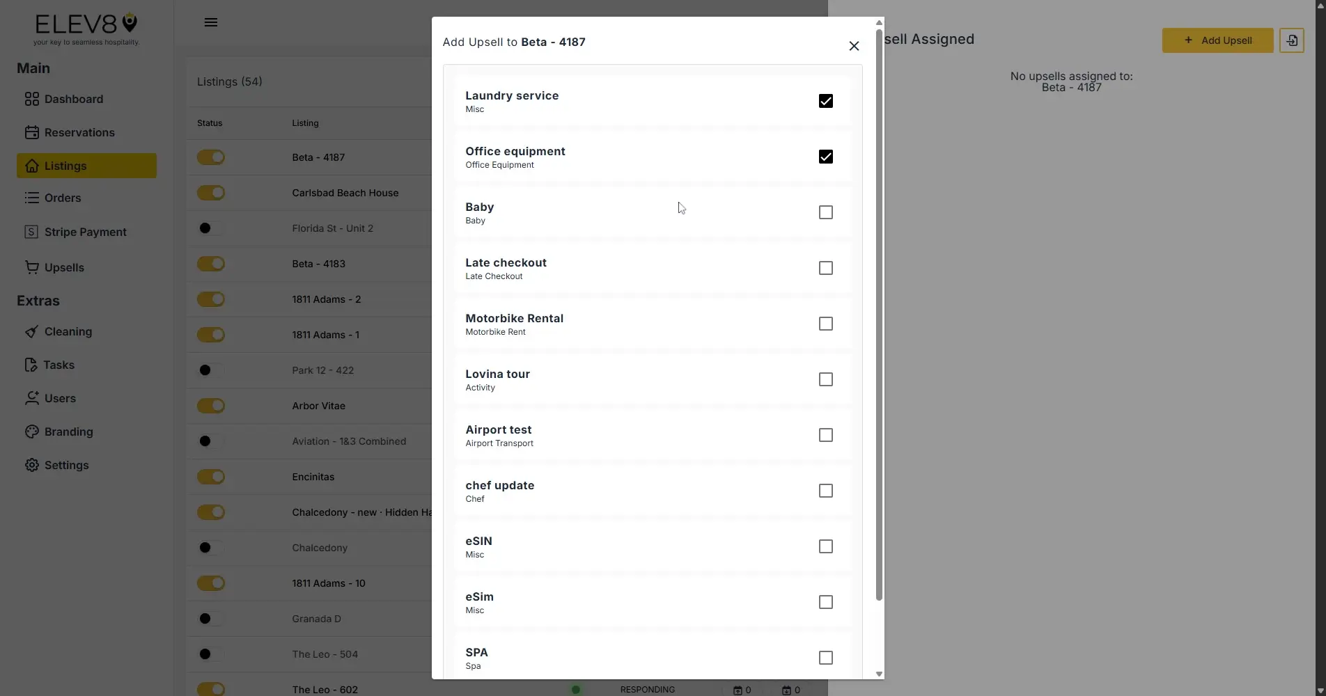 ELEV8 platform interface showing Listings and Add Upsell modal