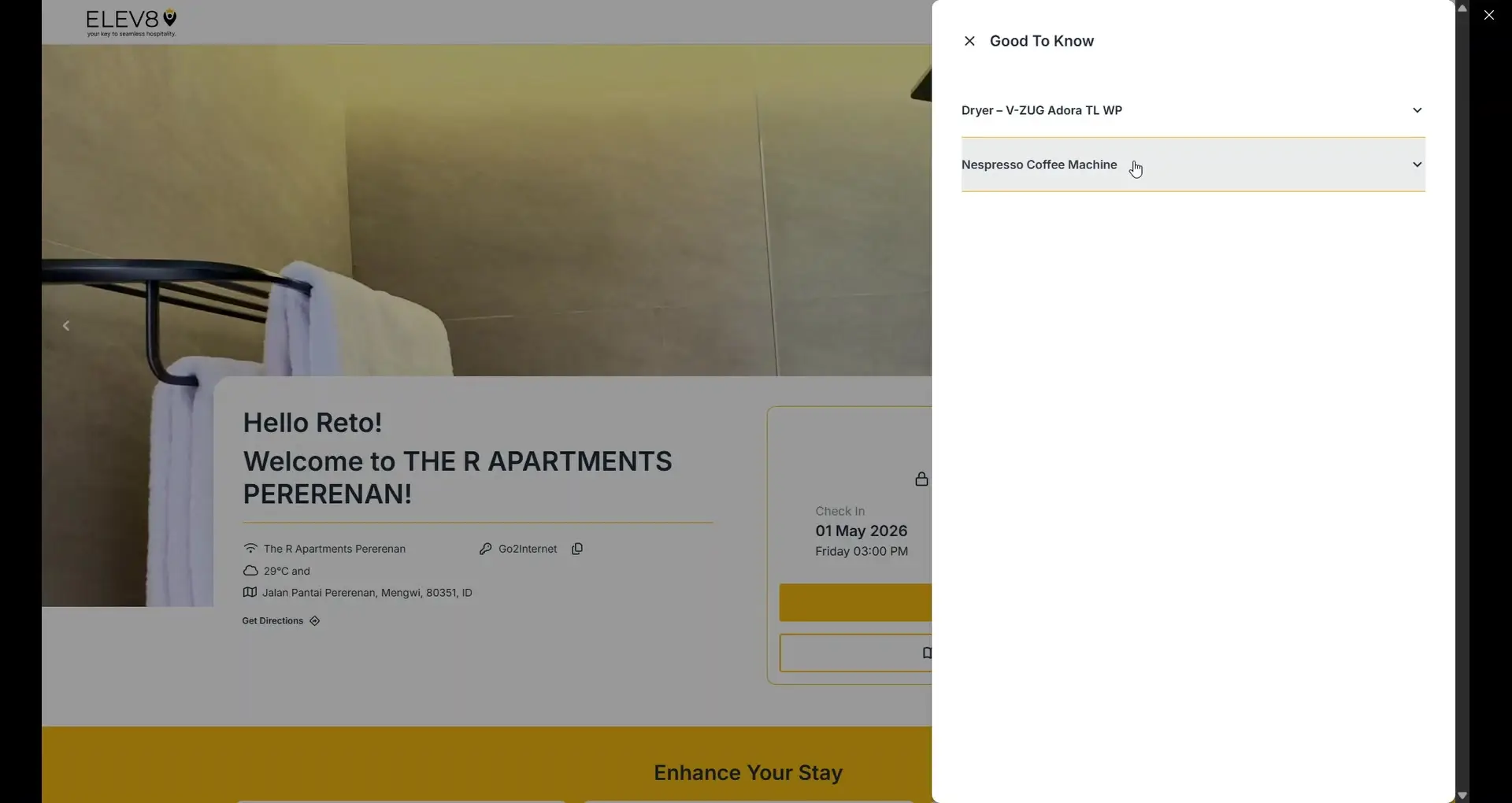 The user is viewing the "Good To Know" section of the ELEV8 app, which lists amenities available at The R Apartments Pererenan. The current selection highlights the Nespresso Coffee Machine.
