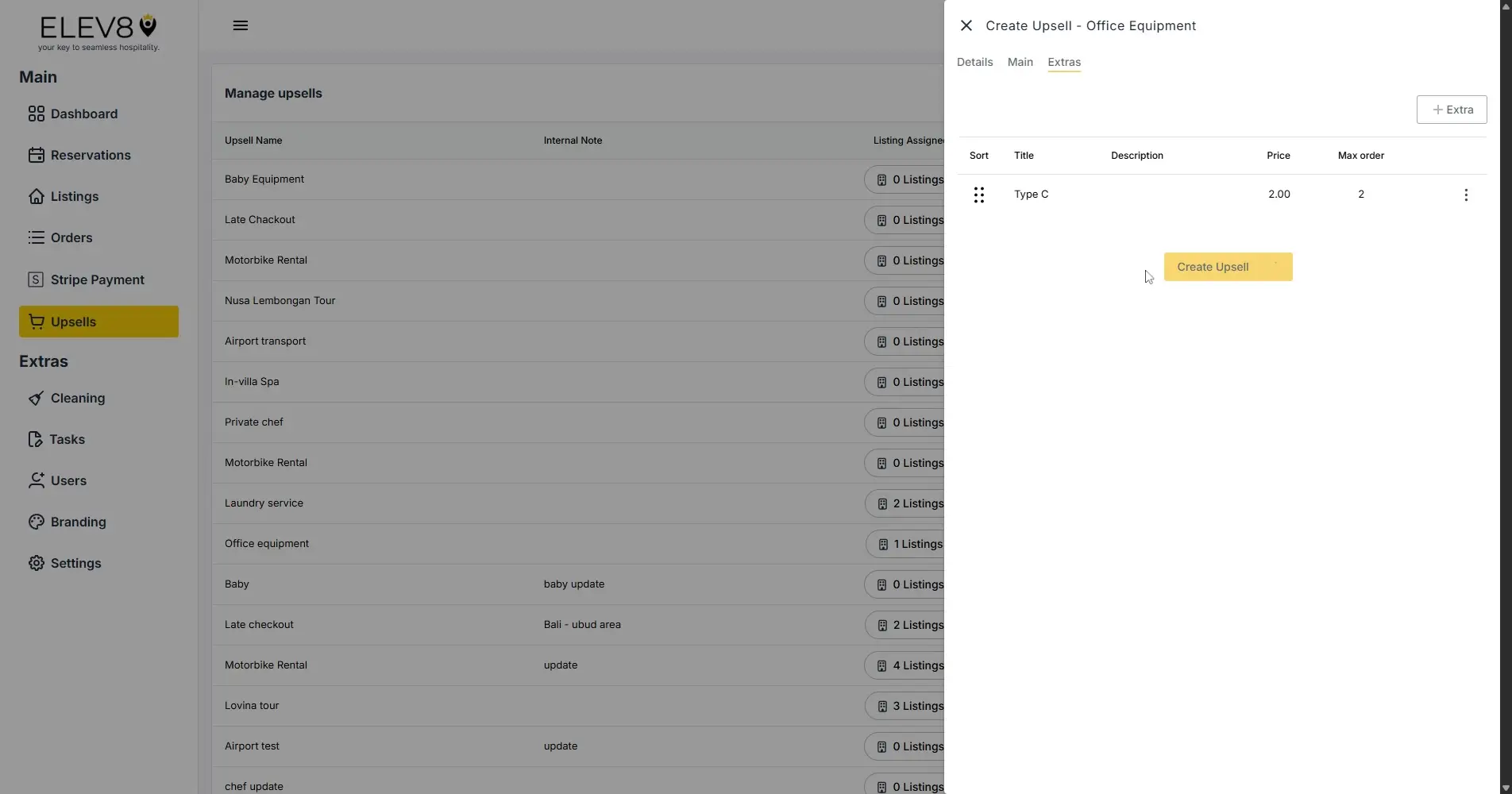 ELEV8 platform interface showing upsell management and creation screen.