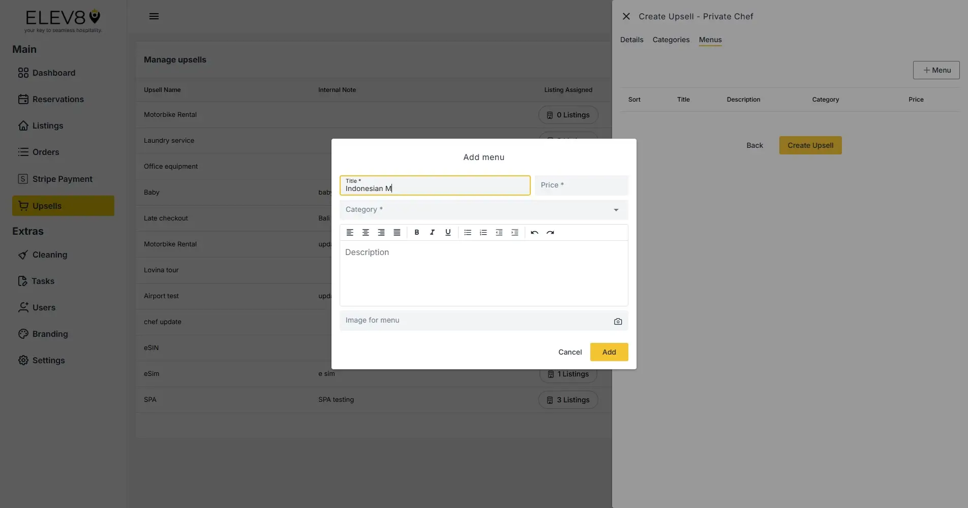 ELEV8 platform Create Upsell page with Add menu modal open.
