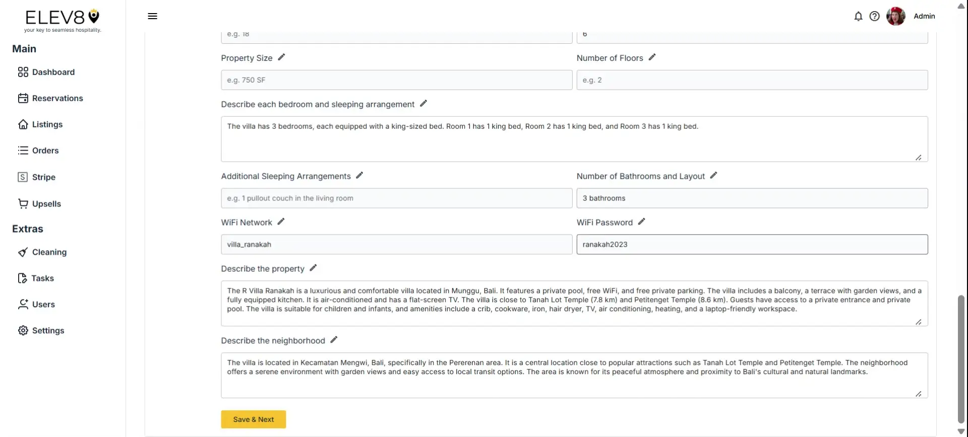 ELEV8 interface for generating an article about a property with form fields and navigation menu.