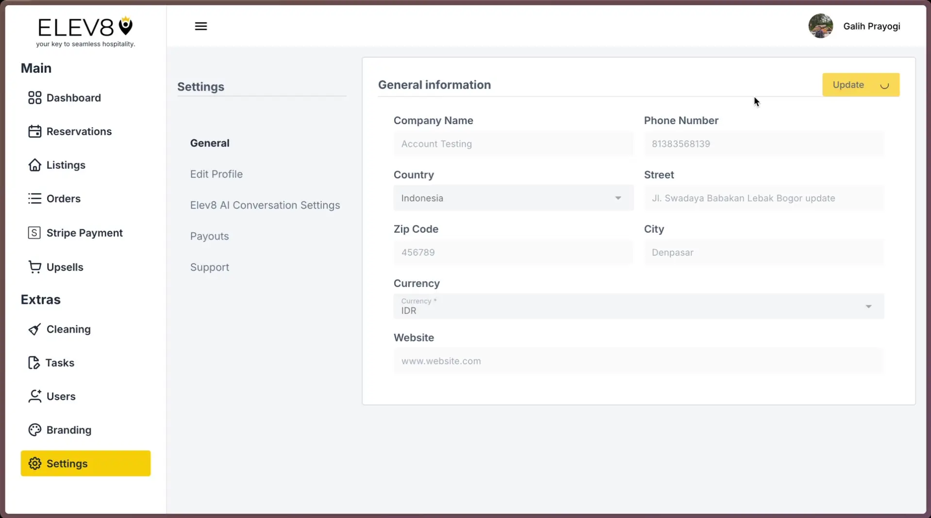 ELEV8 Settings General Information screen with navigation menu and update options.