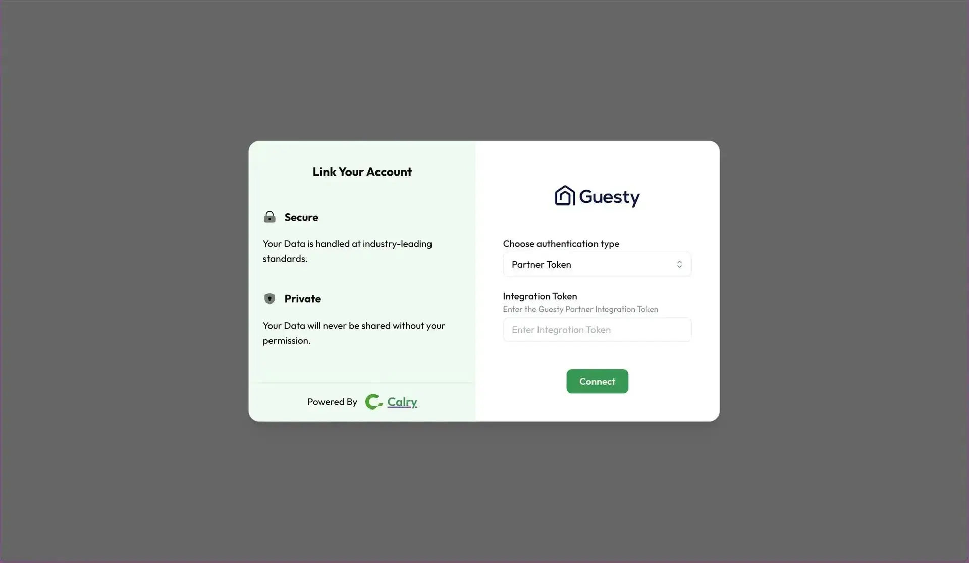Guesty PMS Integration Guide screen for linking an account with options for authentication type and integration token entry.