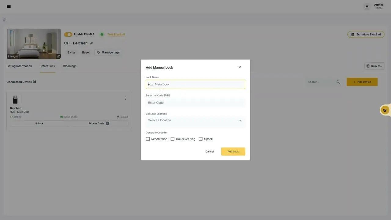 The user is adding a manual lock to the ELEV8 system. They are prompted to enter a lock name, a PIN code, and select a location for the lock. They can also choose to generate a code for reservations, housekeeping, or upsells.