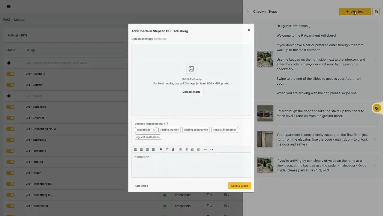 The user is adding a new check-in step for the CH - Adlisberg listing. They are prompted to upload an image and can use variable replacements for dynamic content in the instruction text.