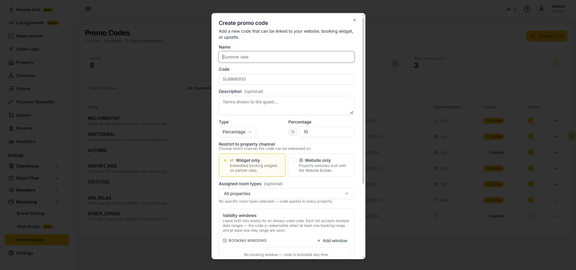 ELEV8 platform create promo code interface with fields for name, code, description, type, percentage, and property channel restrictions.