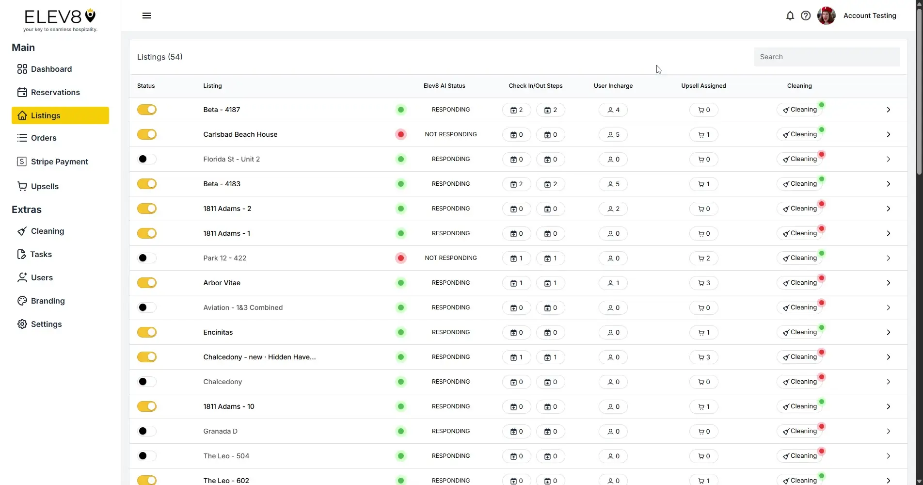 ELEV8 Listings page showing property listings and their statuses.