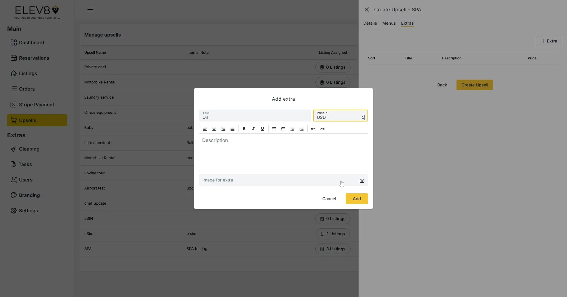 ELEV8 platform screenshot showing the 'Add extra' modal in the 'Manage upsells' section.