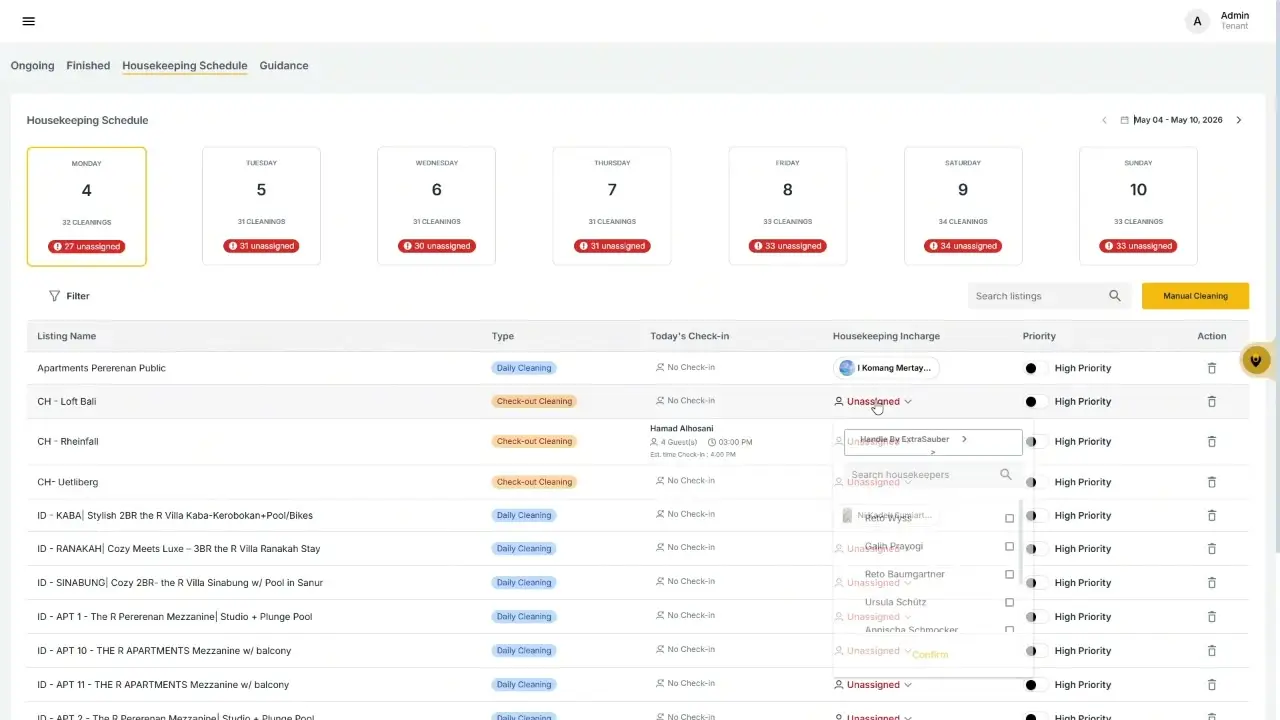The user is interacting with the Housekeeping Schedule interface. They are currently viewing the schedule for May 4th to May 10th, 2026. The user has clicked on an 'Unassigned' task and a dropdown menu has appeared, allowing them to search for and assign a housekeeper.