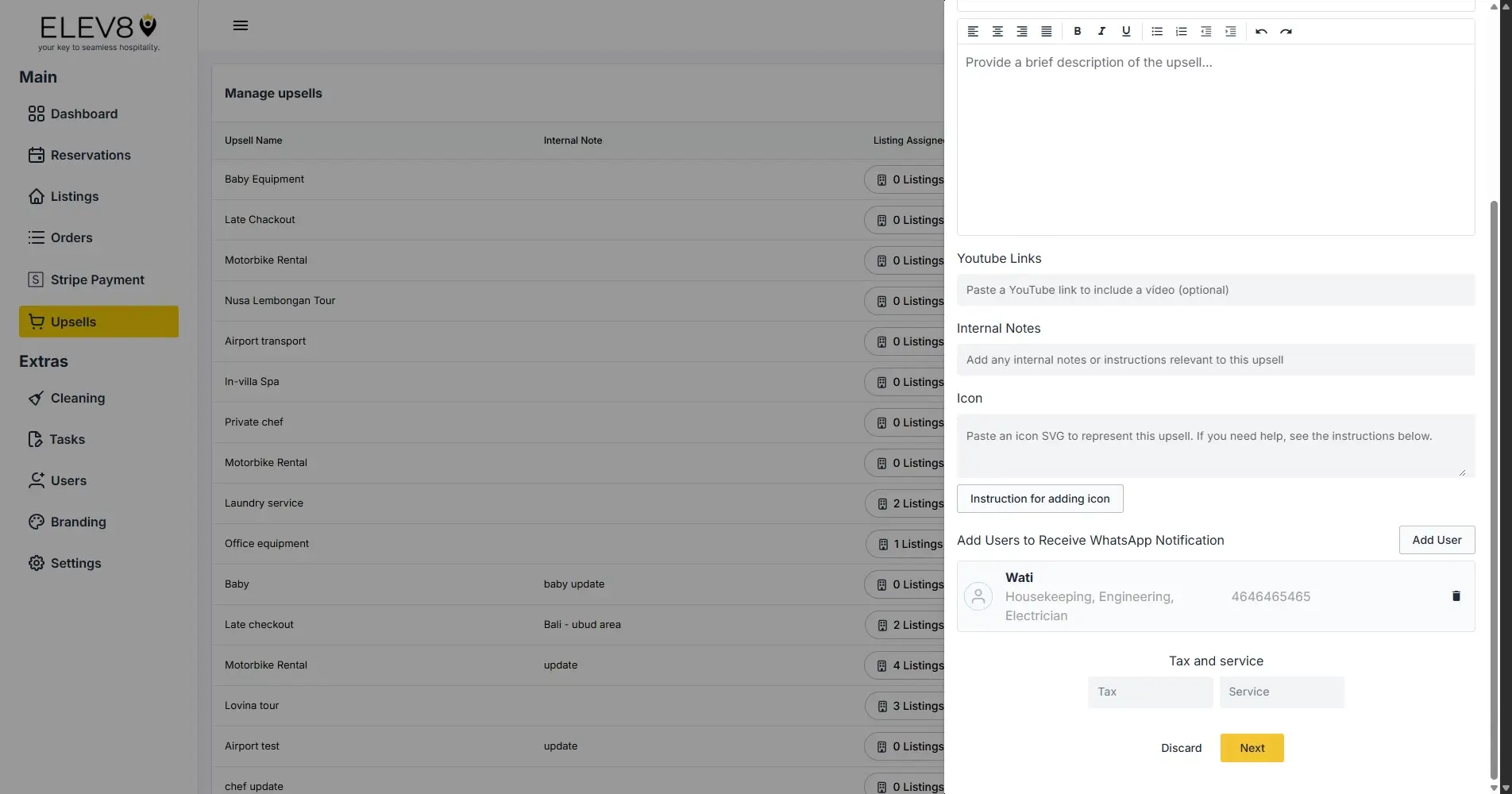 ELEV8 platform Manage upsells section with navigation menu and upsell management form.
