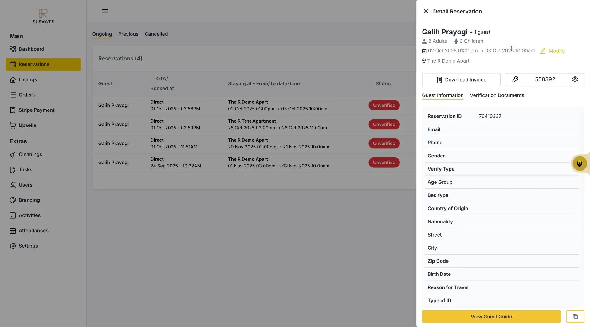 The screenshot shows the detail of a reservation for Galih Prayogi, including guest information, stay dates, and options to download the invoice or modify the reservation.