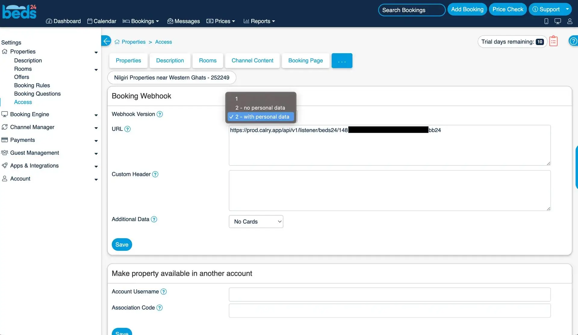 Beds24 Booking Webhook settings page for PMS Integration Guides.