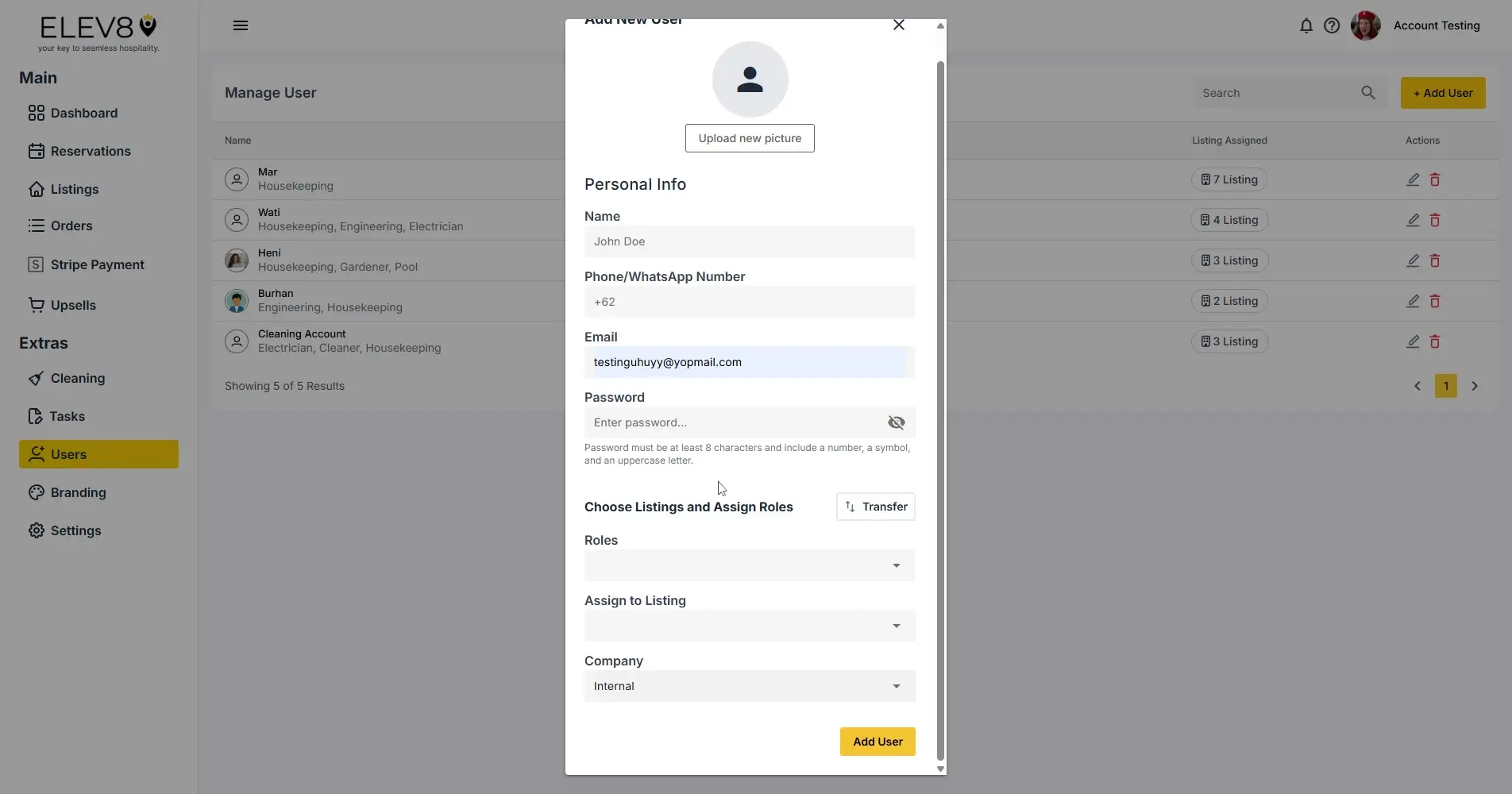 ELEV8 Manage User interface with Add New User modal open.