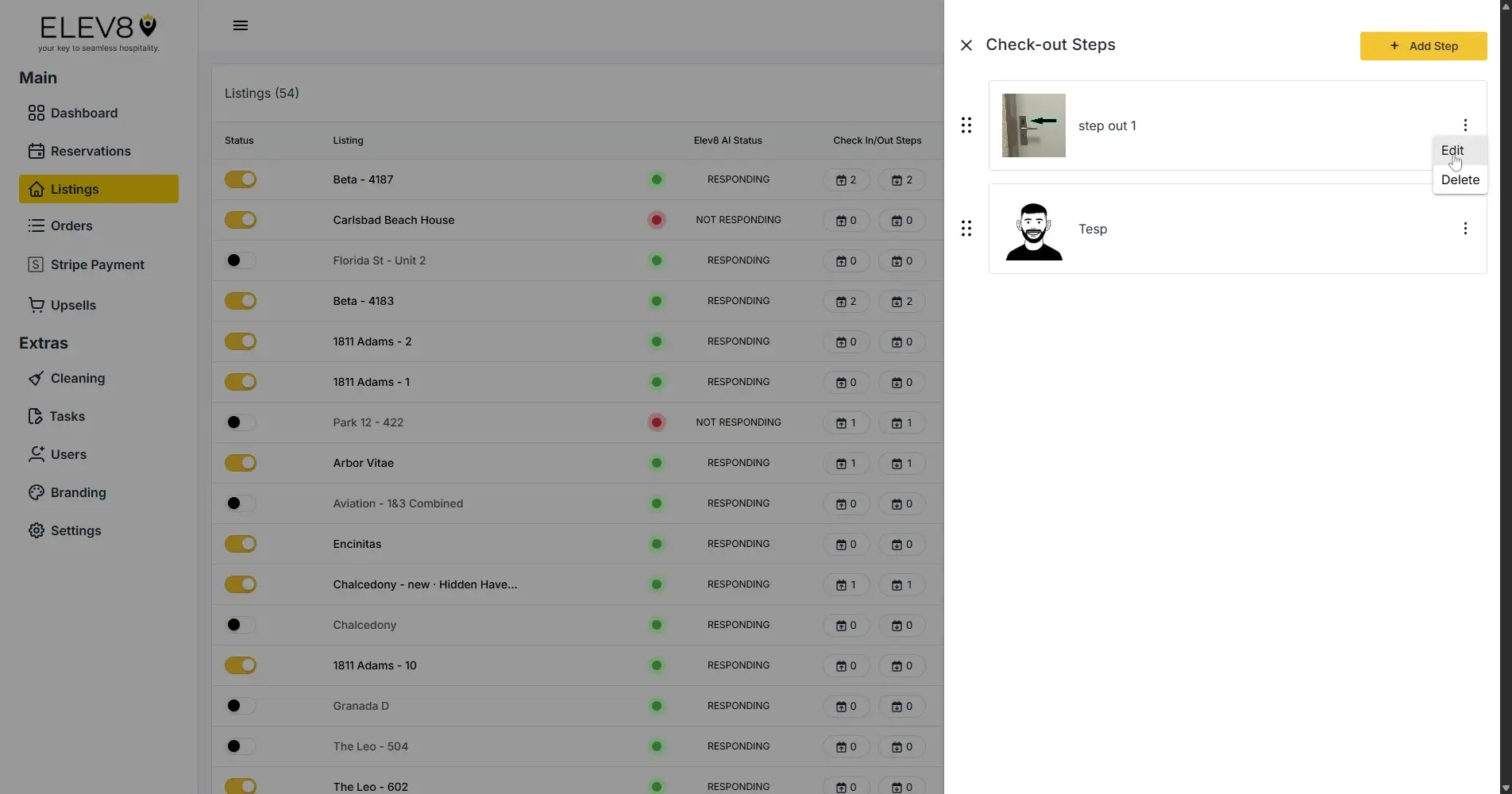 ELEV8 platform interface showing Listings and Check-out Steps management.