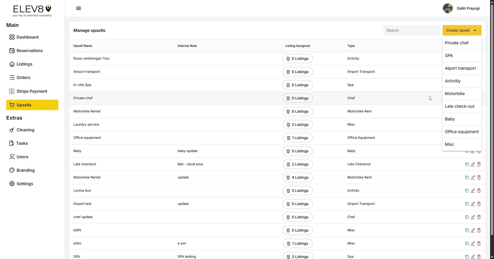 ELEV8 platform Manage Upsells page showing a list of upsells with options to create new ones.
