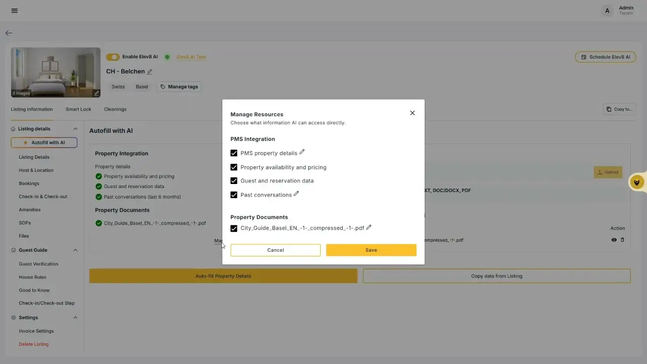 The user is managing resources for Elev8 AI, selecting which information the AI can access directly. This includes PMS integration details like property details, availability, pricing, guest data, and past conversations, as well as property documents.
