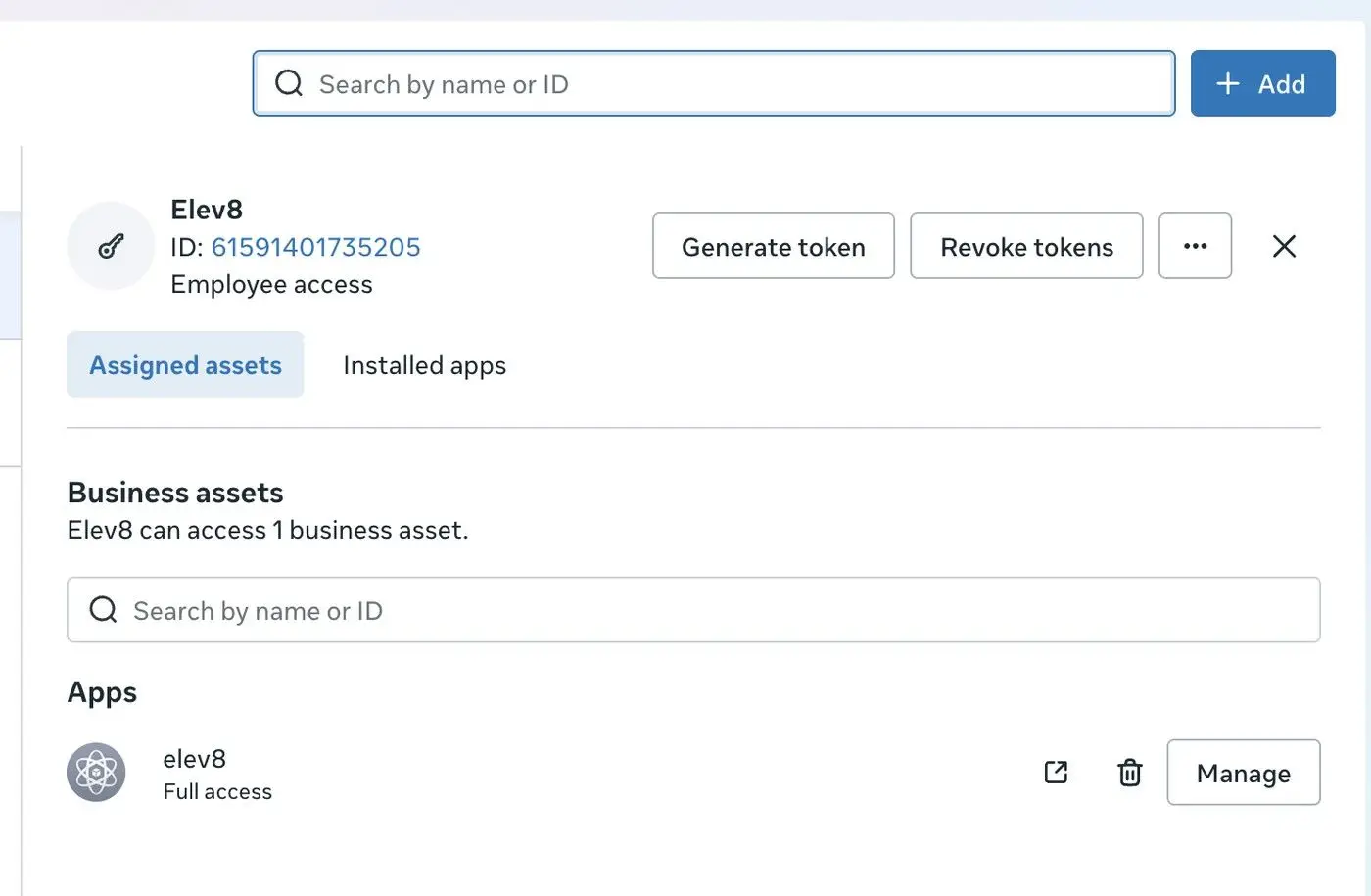 This screen shows the details for the Elev8 employee, including their ID and access level. It also displays the business assets and apps they have access to, with options to generate or revoke tokens.