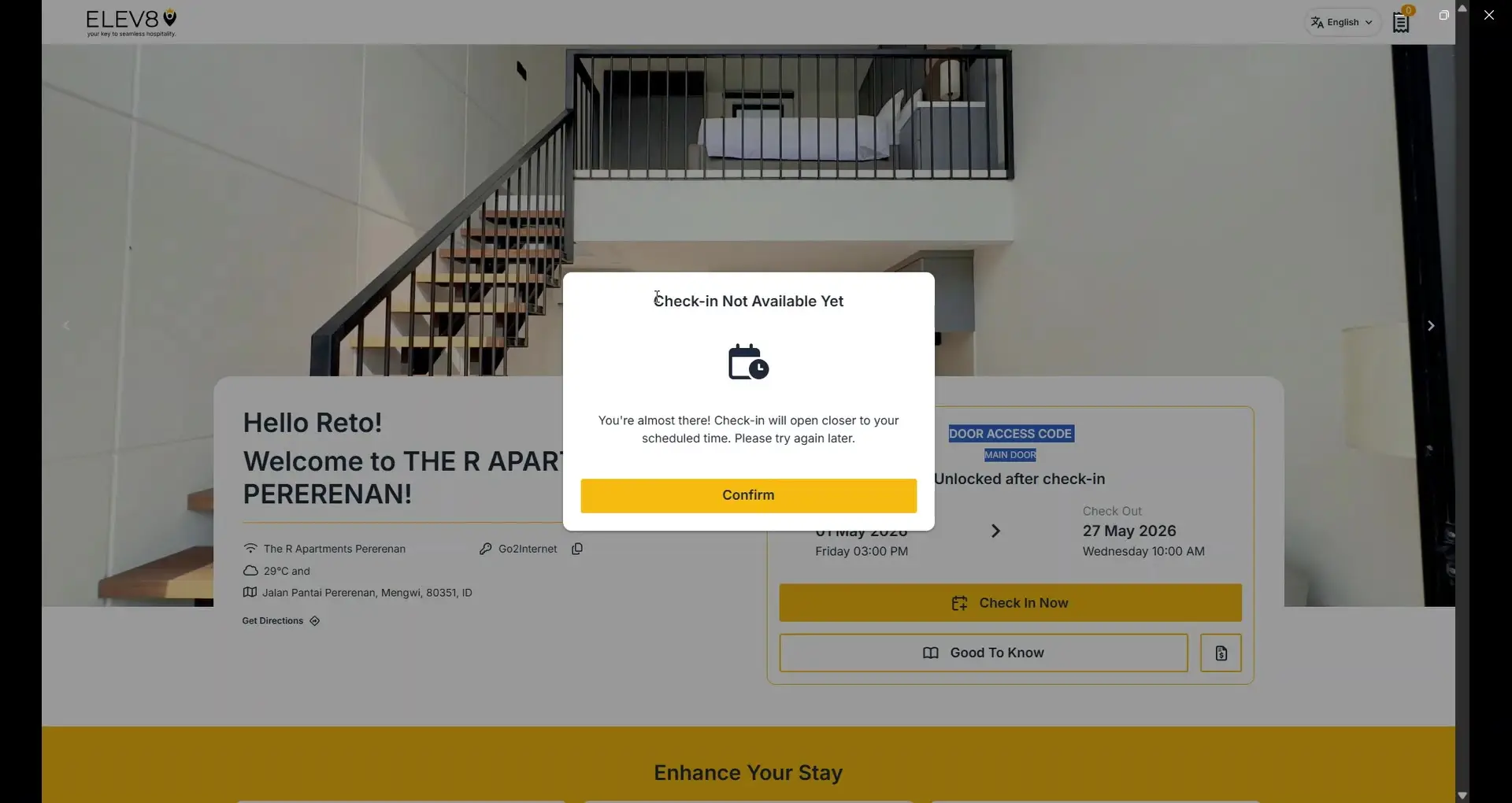 A pop-up window indicates that check-in is not yet available, stating that it will open closer to the scheduled time. The user is prompted to try again later and has a 'Confirm' button to dismiss the message.