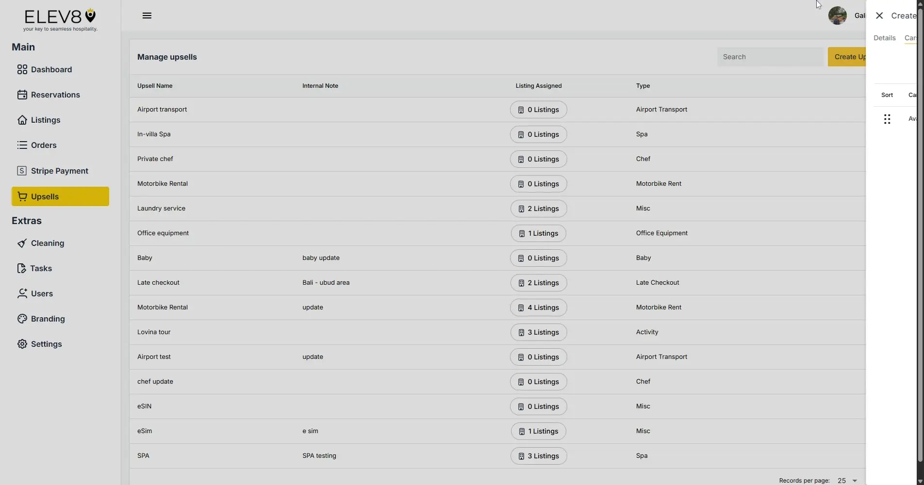 ELEV8 platform Manage Upsells page showing a list of upsell services with navigation menu on the left.