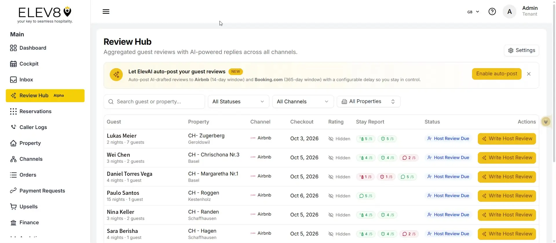 ELEV8 Review Hub page showing guest reviews and AI-powered reply options.