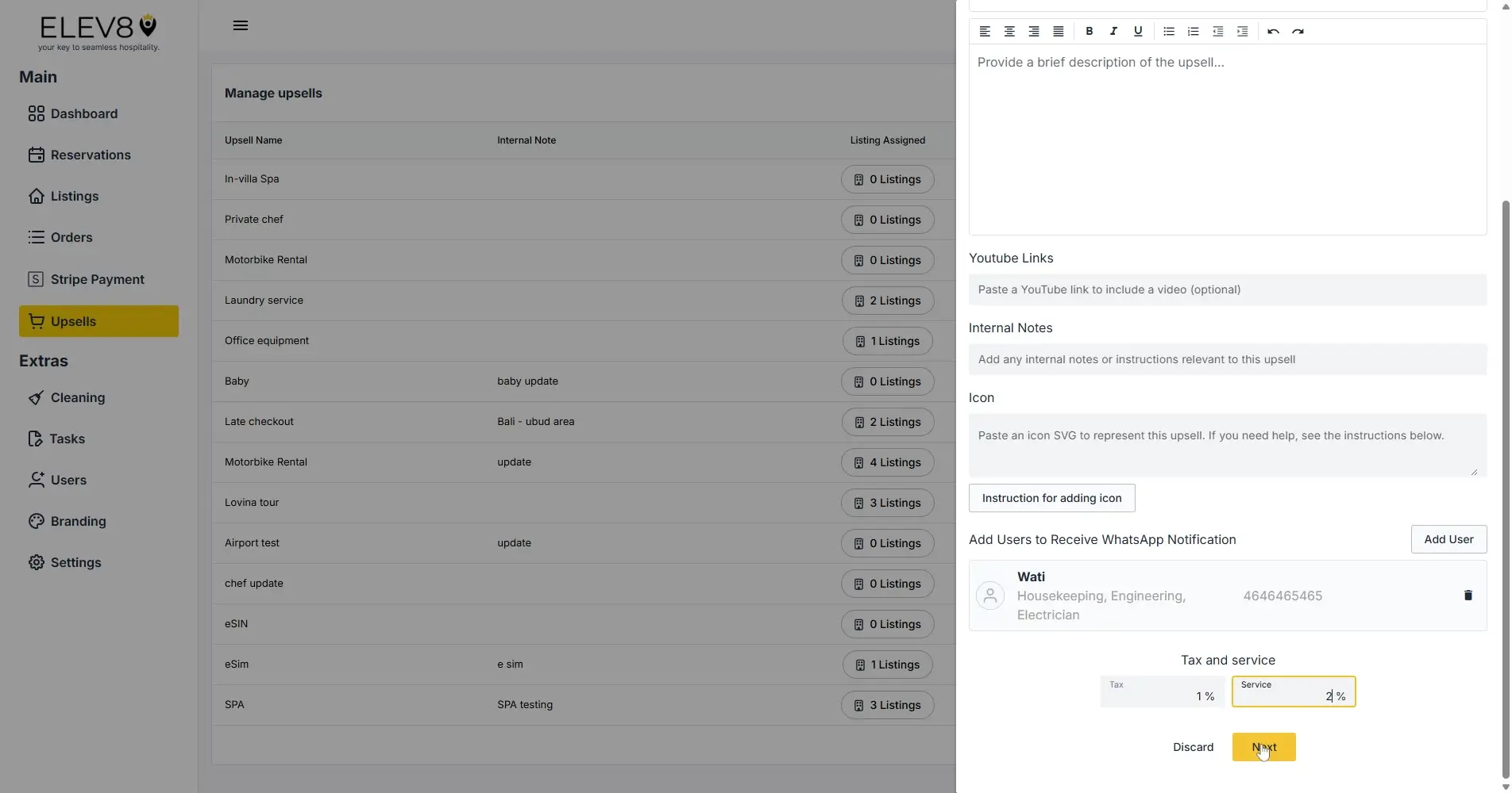 ELEV8 Upsells management screen with navigation menu and upsell details form.